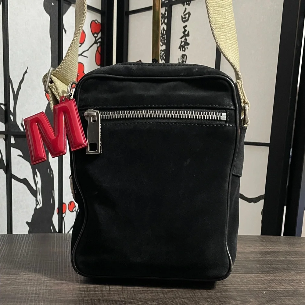 Marc Jacobs Suede Vintage Black Crossbody with Cream Strap and Red M Charm